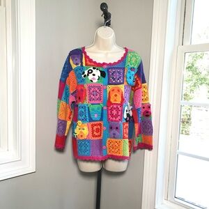 Vintage Michael Simon Dogs Crocheted  Cardigan Sweater - Women’s XL  EUC